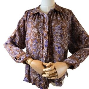 Democracy Boho Brown and Purple Button Front Top Lace Accents Size 1X